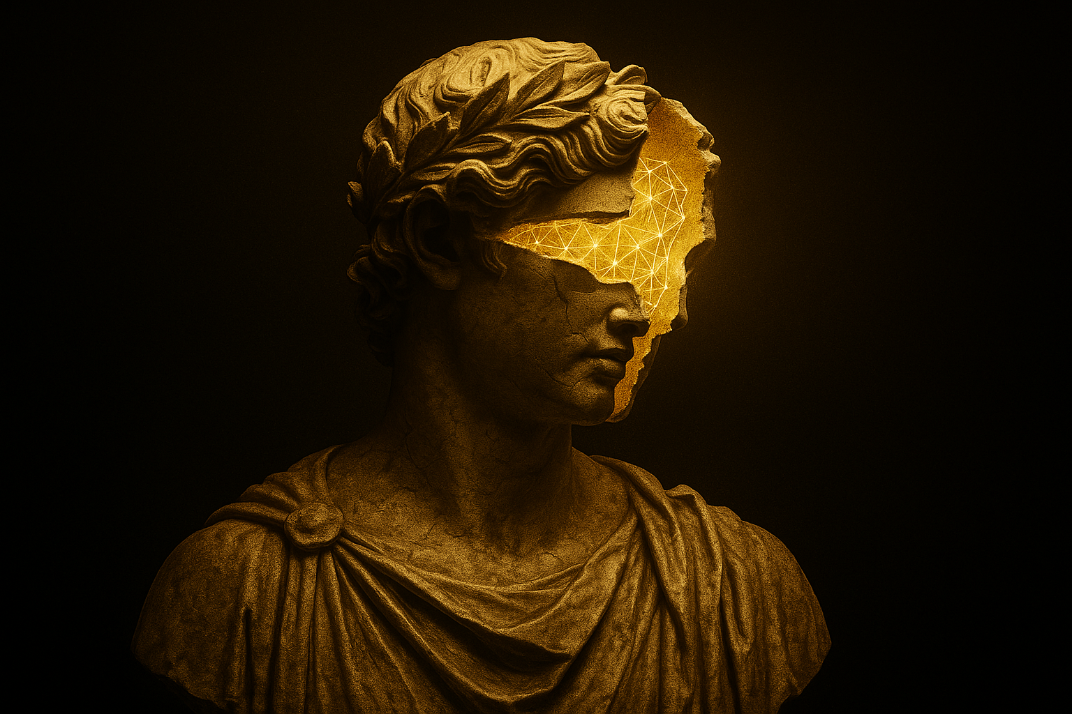 Precision AI - Classical statue with neural network representing intelligent analysis